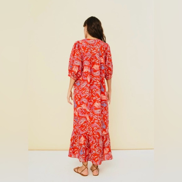 Red Paisley Print Cotton Boho Maxi fair trade vegan Button Down Dress - Picture 4 of 5